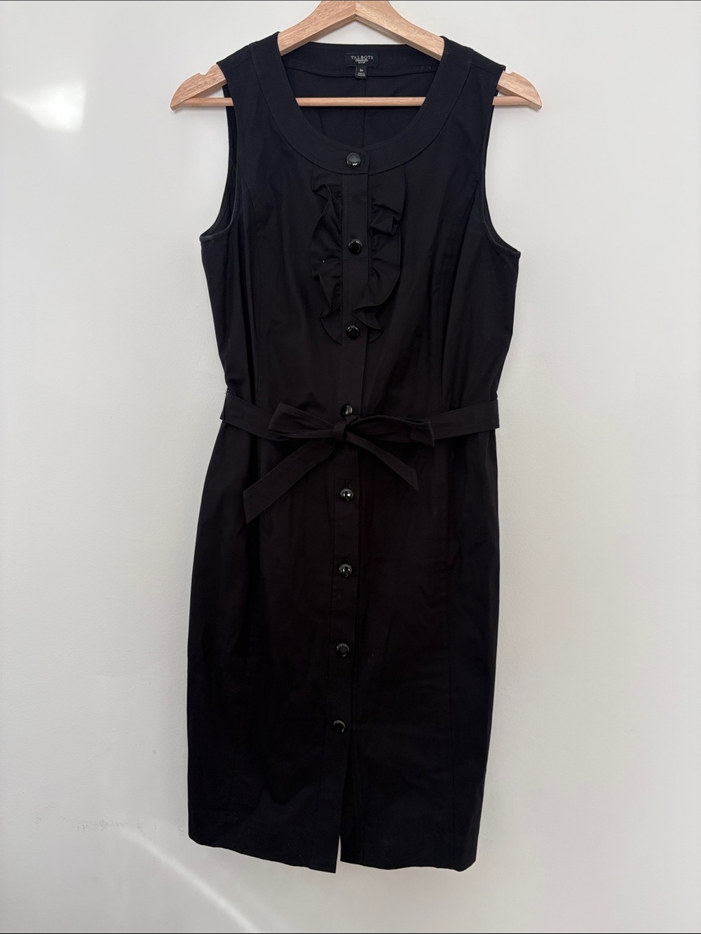 Talbots Black Sleeveless Ruffle-Front Belted Midi Dress